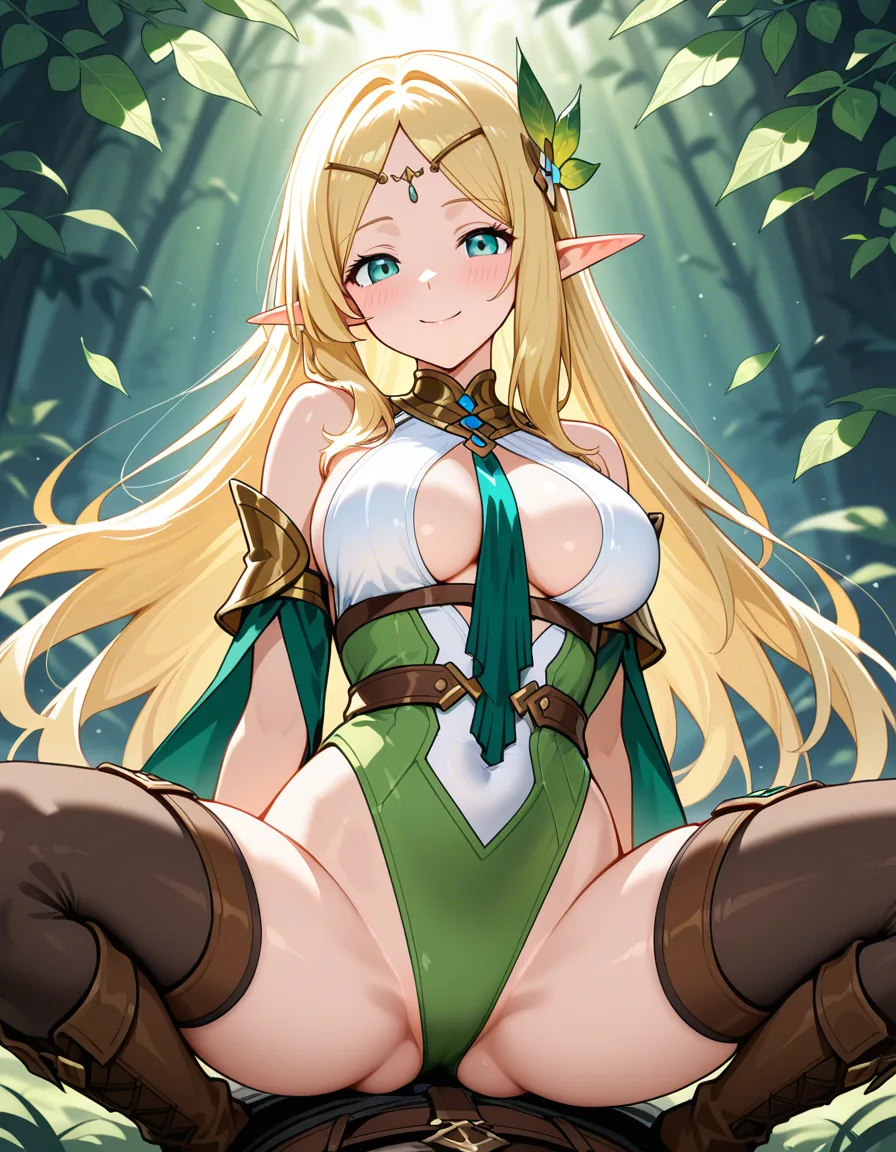 absurdres, highres, elf girl, ass visible through thighs, boots, 69 position, leaf, shy smile, detailed shading, hentai_studio_quality
