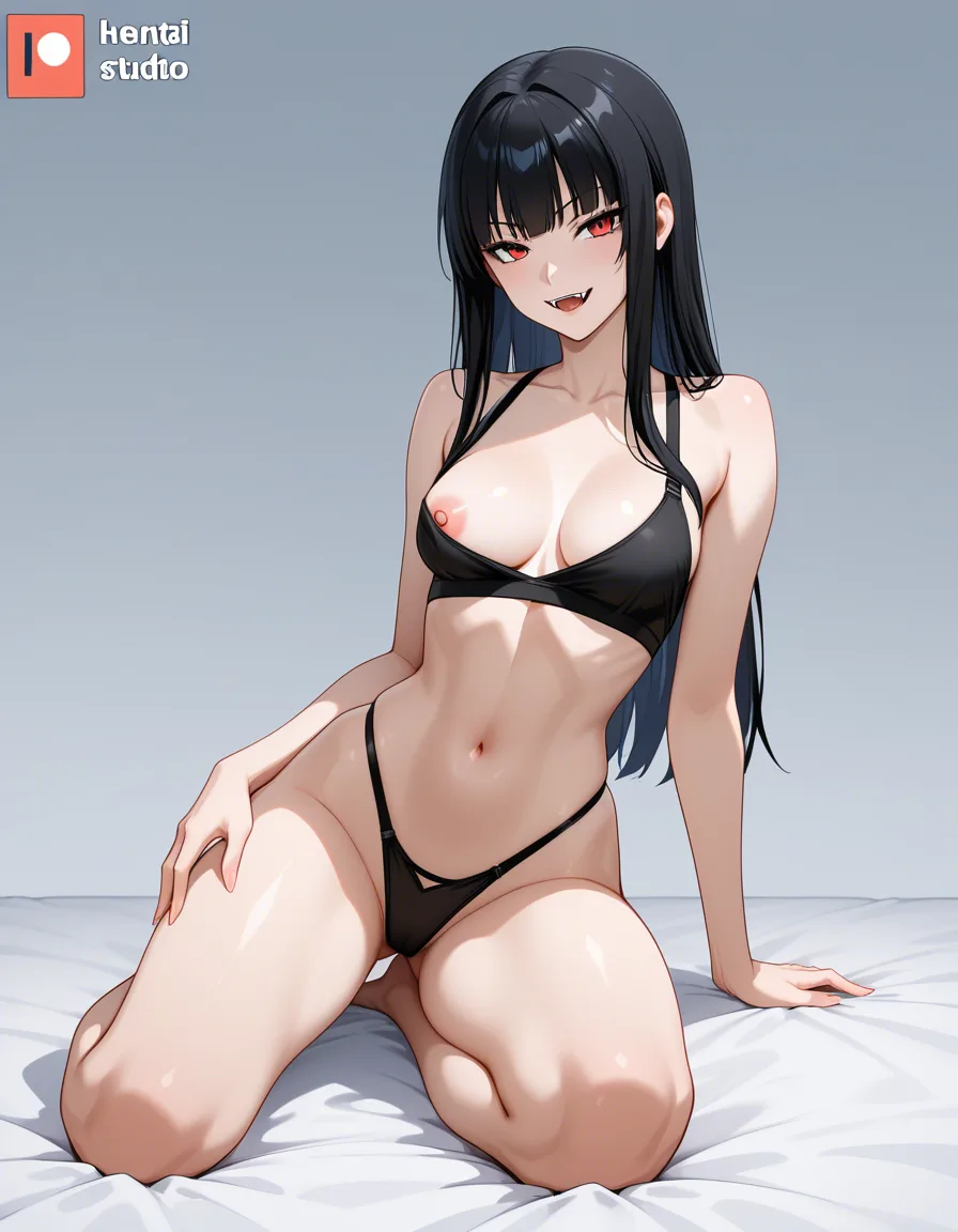 highres, straight_hair, black_hair, looking_at_viewer, seductive_smile, highleg_panties, nipple_slip, female, small_breasts, fangs, hentai, full_body, hentai_studio_quality, hentai_studio_quality, hentai_studio_quality