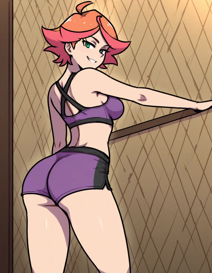 /masterpiece, /ultra_detailed, #akairiot_artstyle, @amanda_o'neill, little_witch_academia, 1girl, solo, aged_up, short_hair, multicolored_hair, two-tone_hair, orange_hair, ahoge, green_eyes, naughty_face, purple_sports_bra, purple_shorts, medium_breasts, ass, standing, full_body, looking_back, from_behind, hentai_studio_quality