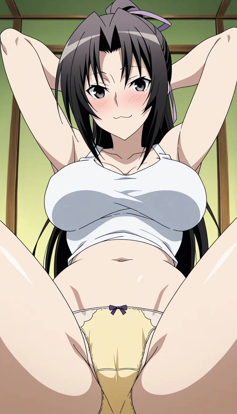 kazehana, sekirei, 1girl, black eyes, black hair, long hair, ponytail, hair ribbon, smile, front view, large breasts, thighs, hips, midriff, navel, ribs, then put her arms behind her head/neck, Anime style, young woman with hair in a messy bun, eyes, slight blush, looking looking_at_viewer,. Wearing a tight white tank top that emphasizes her extremely large breasts, yellow panties with single small purple ribbon, crotch_seam, panty crotch. sexy, low-angle view, showing her panty crotch on you, camera point of view (zoomed in to show her panty crotch: 3:3x), (super low angle view 7:9x), hentai_studio_quality, 

girl remains unmoved, the girl will smile, she showing you only her panties, showing her panty crotch on you, she began dancing her panties but only dancing her panty crotch, her panty crotch of her panties will shake when it dance normally while she sitting, then she stop moving to showing her panty crotch of her panties on you while she still don't move