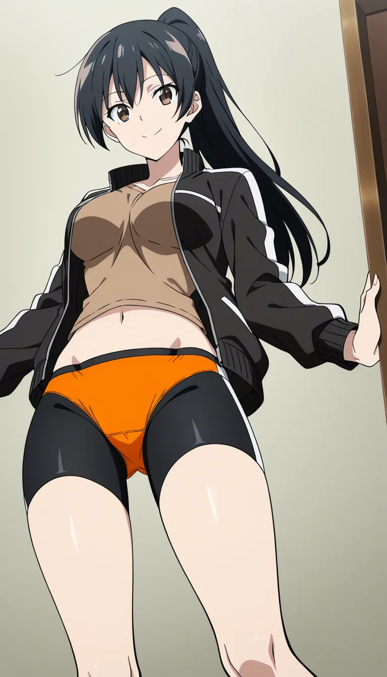 1girl, solo, black hair, dark brown eyes, ponytail, smile, medium breasts, long hair, standing, midriff, navel, thighs, black midriff medium jacket, brown t-shirt with white stripe, pov, looking_at_viewer, from_below,
she taking off her black bike shorts, them she showing you only her orange panties, showing her panty crotch on you, then she continue to showing her panties but only showing her panty crotch while standing, she began dancing her panties but only dancing her panty crotch while standing, her panty crotch of her panties will shake when it dance slowly while standing, then she stop moving to showing her panty crotch of her panties on you while standing and don't move