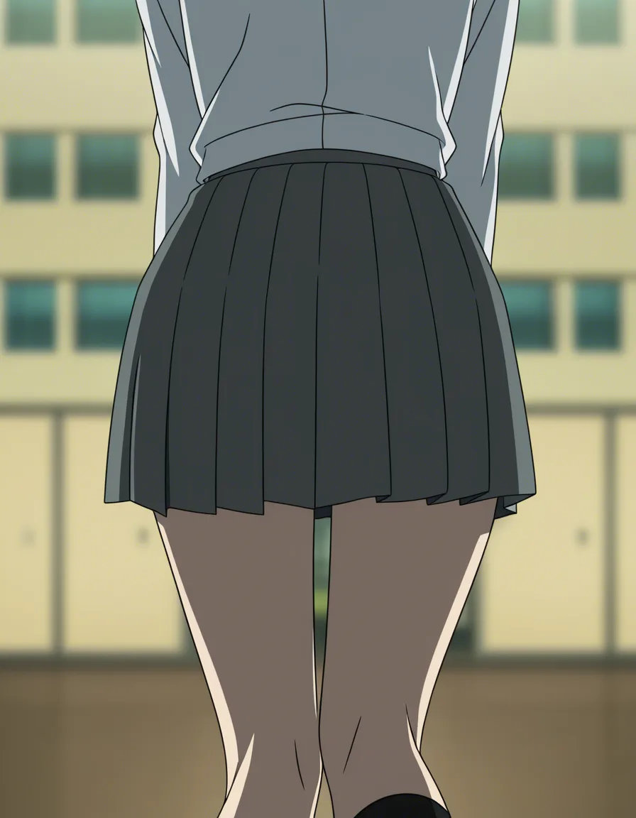 absurdres, highres, 1other, standing, pleated skirt, doggy style, blurry background, soft cel shading, (anime style:1.3), 2d, anime screencap, cel shading, flat color, @00osamio00