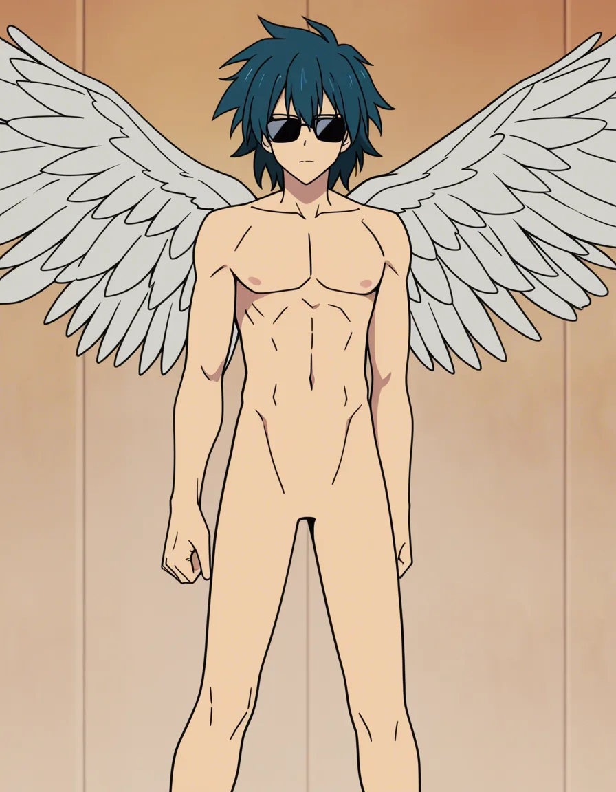 absurdres, highres, 1boy, sunglasses, wings, fully nude, doujin style, (anime style:1.3), 2d, anime screencap, cel shading, flat color