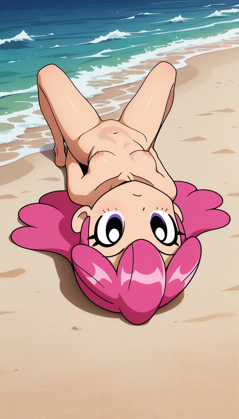 1girl, Melodie from Brawl Stars, official design, long voluminous wavy magenta-pink hair, soft cute face, big expressive eyes, completely nude, laying on her back on the beach, spreading her legs open, ocean waves in the background, soft natural lighting, detailed sand, anime style, high detail, clean lineart 18