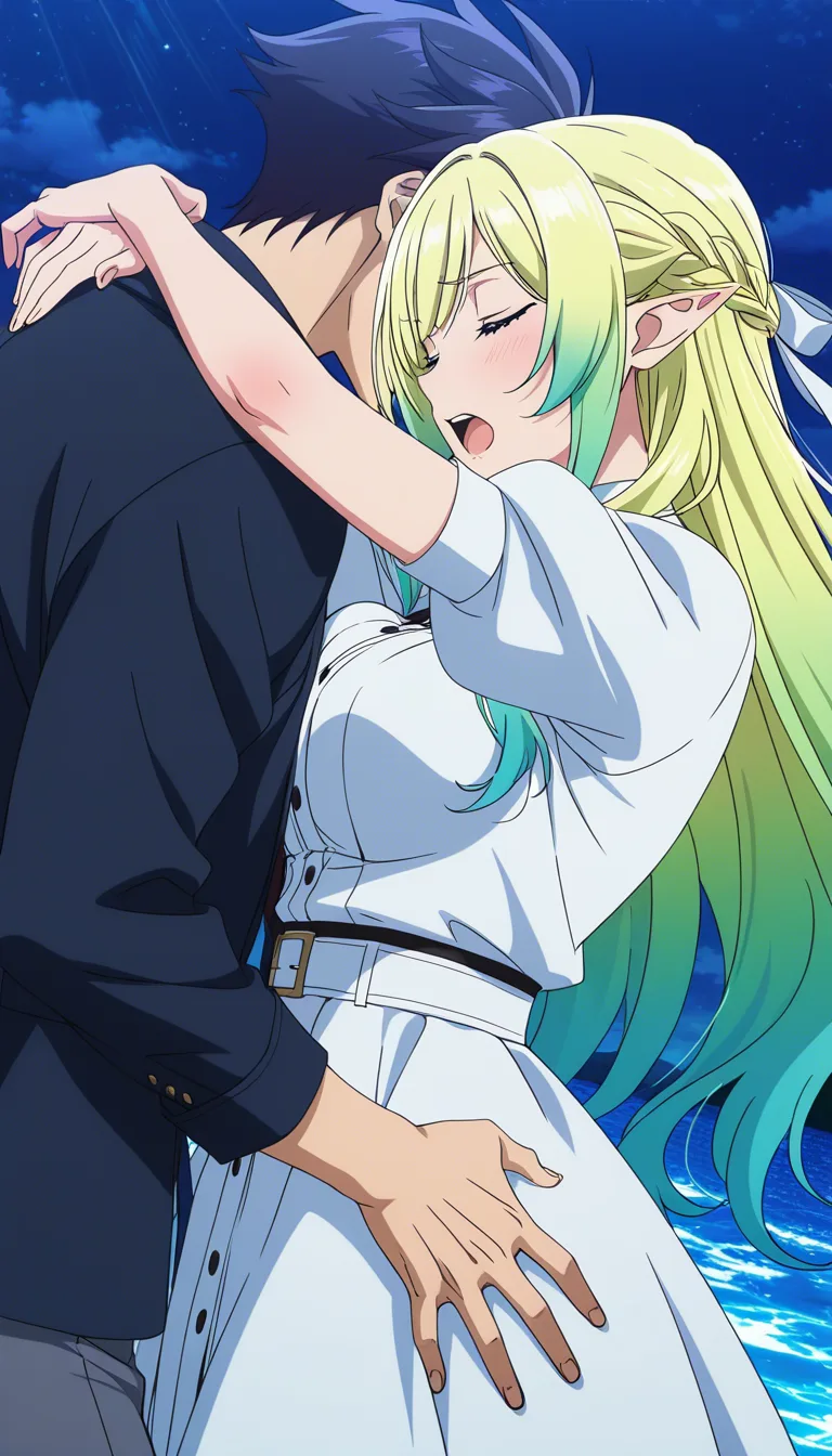 masterpiece, vivid colors, couple, orgasm, pointy ears, puffy sleeves, water, anime screencap