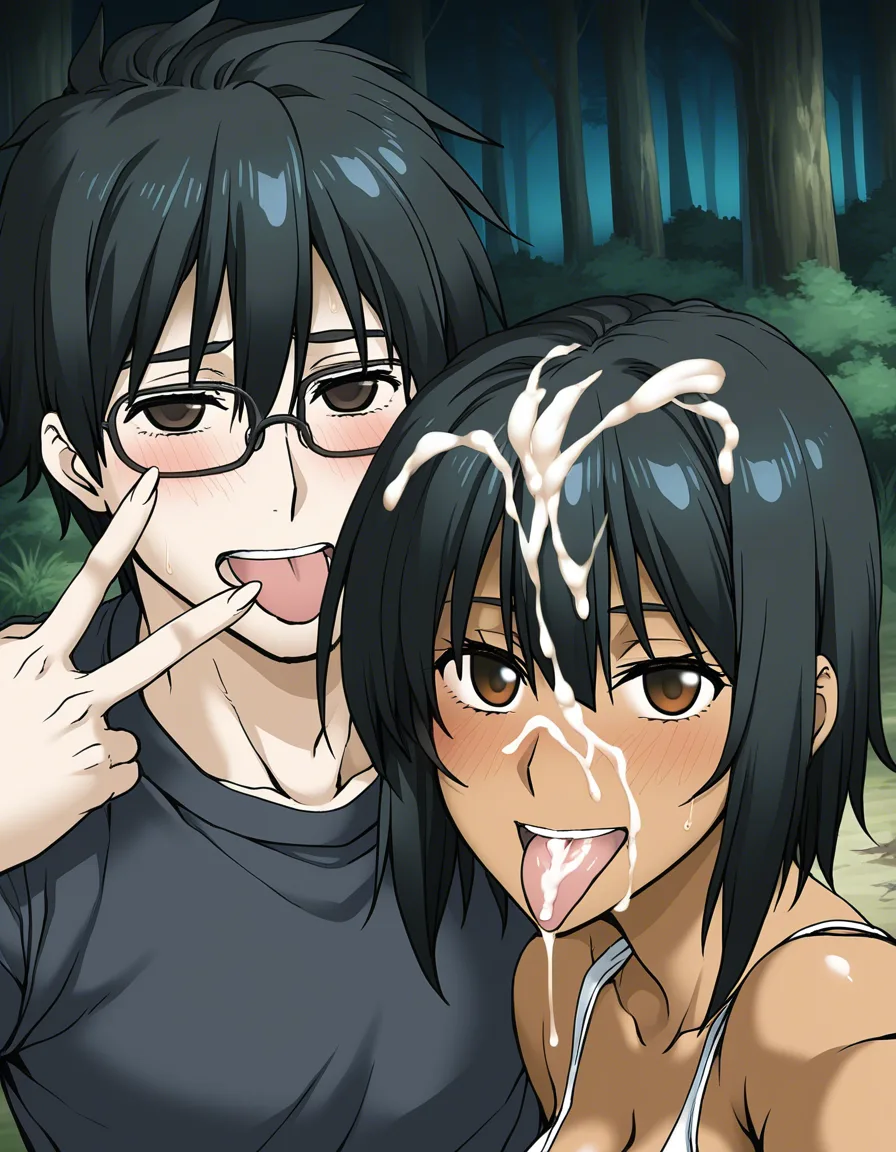 a cute nerdy latina girl with black hair and glasses after recieving a facial from her white boyfriend in the woods black_hair brown_eyes glasses facial tongue_out selfie v, outdoors, forest running cum_in_mouth cum_on_hair, dark_skin, hentai_studio_quality