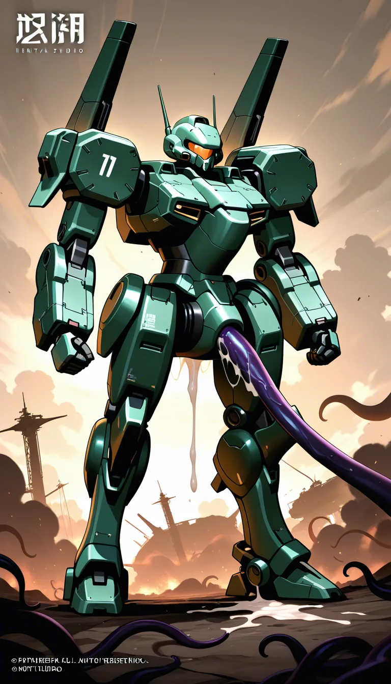 mech stand in battle field,tentacle grab mech,tentacle fuck mech,tentacle cum on body mech