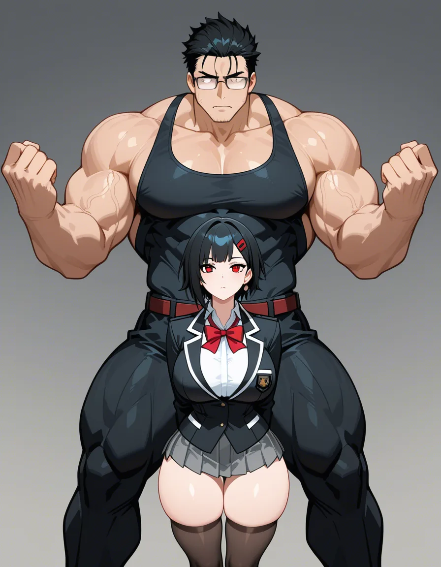 1girl short_hair black_hair red_eyes eyewear_on_head glasses school_uniform thighhighs curvy thick_thighs 1boy   nude muscular_male long_bangs penis large_penis sexually_suggestive, hentai_studio_quality