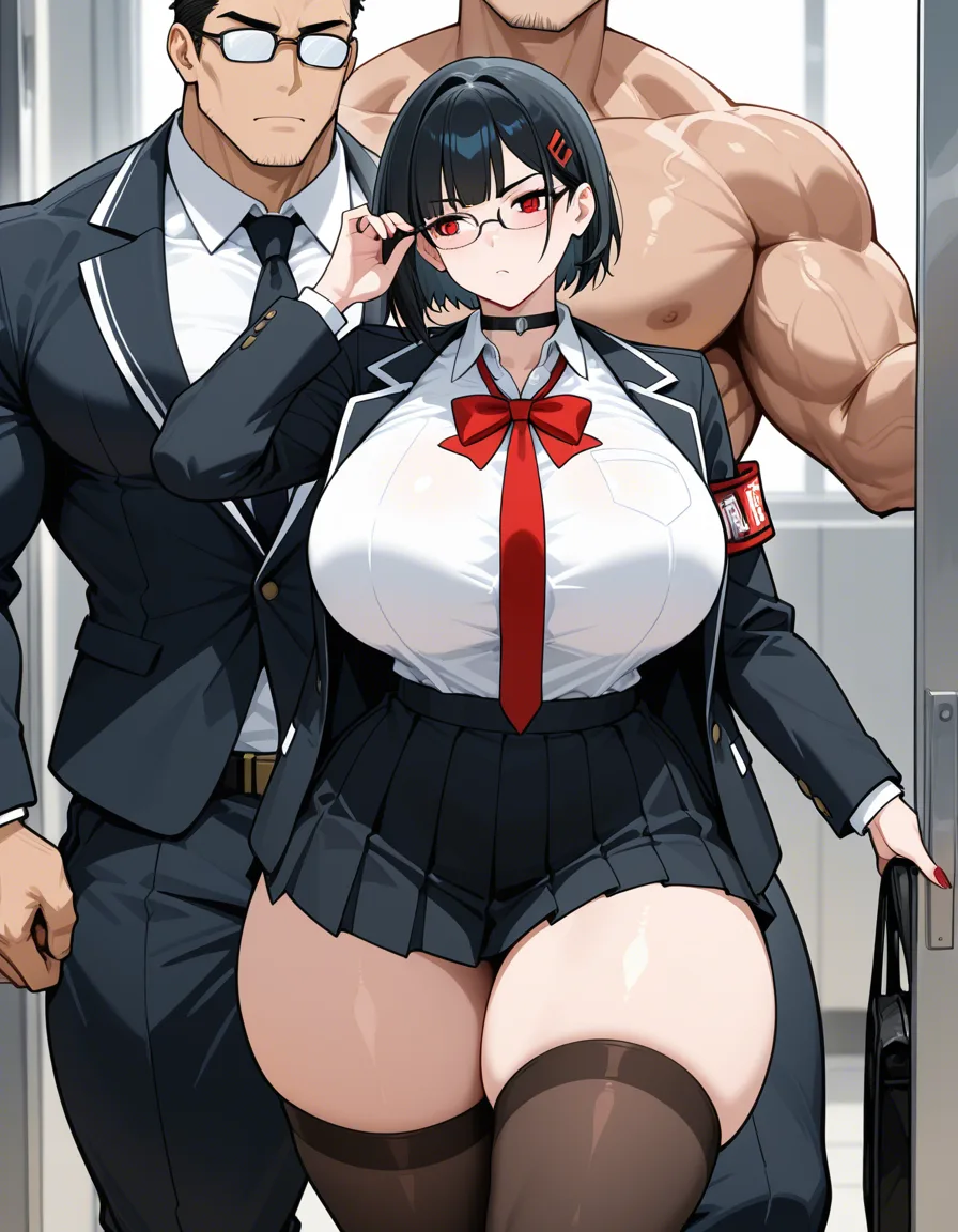 1girl short_hair black_hair red_eyes eyewear_on_head glasses school_uniform thighhighs curvy thick_thighs 1boy   nude muscular_male long_bangs penis large_penis sex hentai_studio_quality, hentai_studio_quality