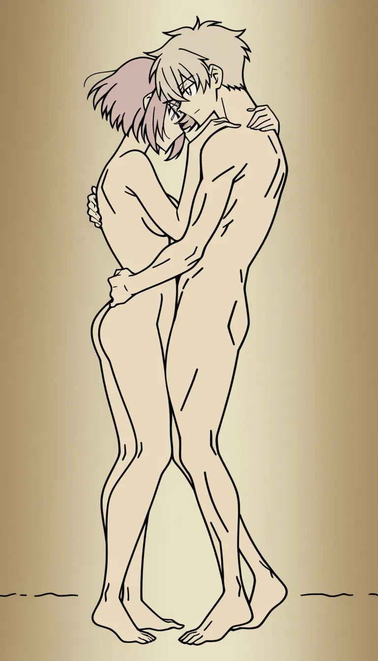 Cinematic anime-style video, side profile view, full body shot. A man and a woman in a slow, sensual embrace. The woman is seated on the man's lap, facing him. Their movement is a continuous, rhythmic, and gentle swaying motion, rocking back and forth in a seamless loop. Her hands rest softly on his shoulders, his hands on her waist. The motion is fluid, smooth, and repetitive, emphasizing the gentle undulation of their bodies in harmony. Soft, warm lighting casts intimate shadows highlighting their contours. High-quality anime aesthetic, meticulously detailed anatomy, 4k, smooth motion, infinite loop.