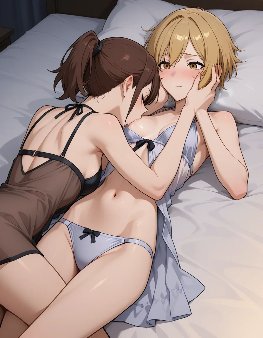 one women skinny, nightdress, ponytail brown hair, small_breasts , breast_sucking , one women bikini_under_clothes, blond short hair, lying bed, hands_on_own_face ,, hentai_studio_quality