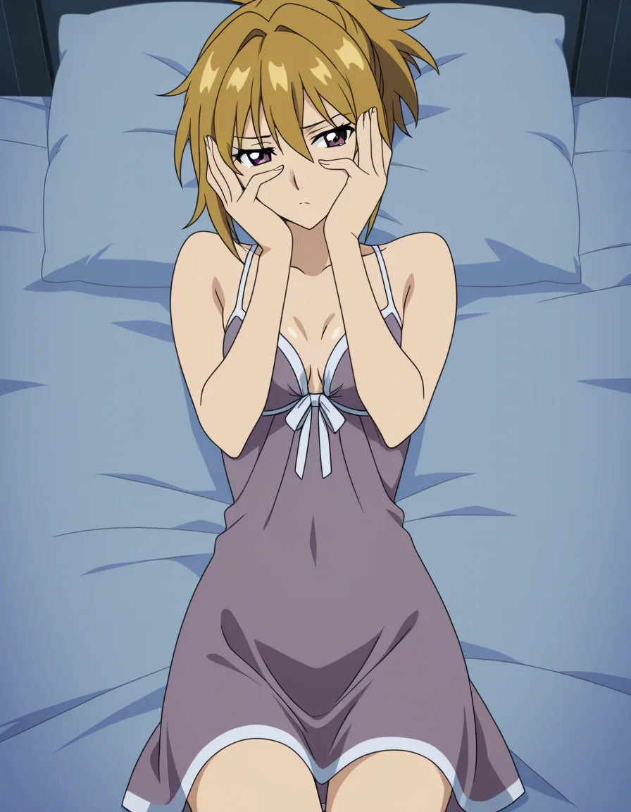 one women skinny, nightdress, ponytail brown hair, small_breasts , breast_sucking , one women bikini_under_clothes, blond short hair, lying bed, hands_on_own_face , hentai_studio_quality,, (anime style:1.3), 2d, anime screencap, cel shading, flat color