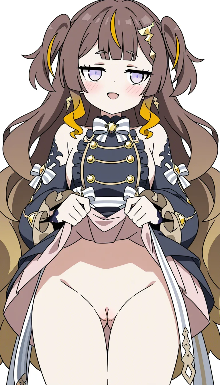 Anya melfissa, long wavy hair, full_body , bottomless, pussy, skirt_lift , blush, smile, open_mouth , masterpiece, fine_details, soft_shading,