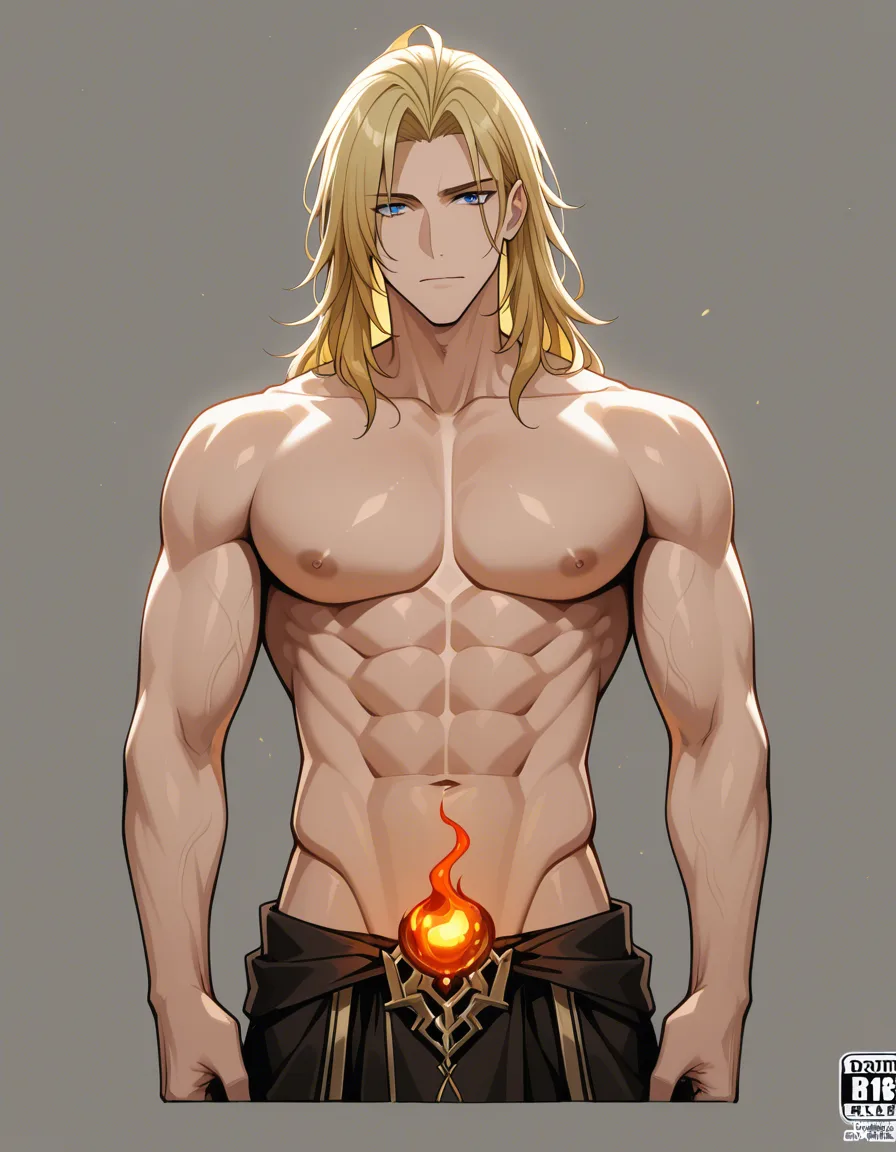 best quality, polished, male focus, sleeveless, topless, smoldering look, doujin style, hentai_studio_quality