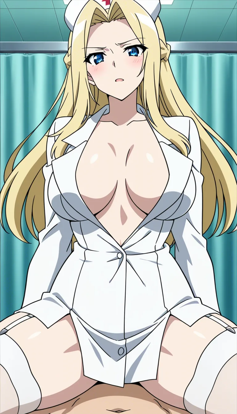 A nurse in an open white coat and white stockings, a blonde with long hair and blue eyes; the scene is set in the nurse’s office; she has large breasts, a big bum and a slim waist; the nurse is riding the lad’s cock, in the cowgirl position