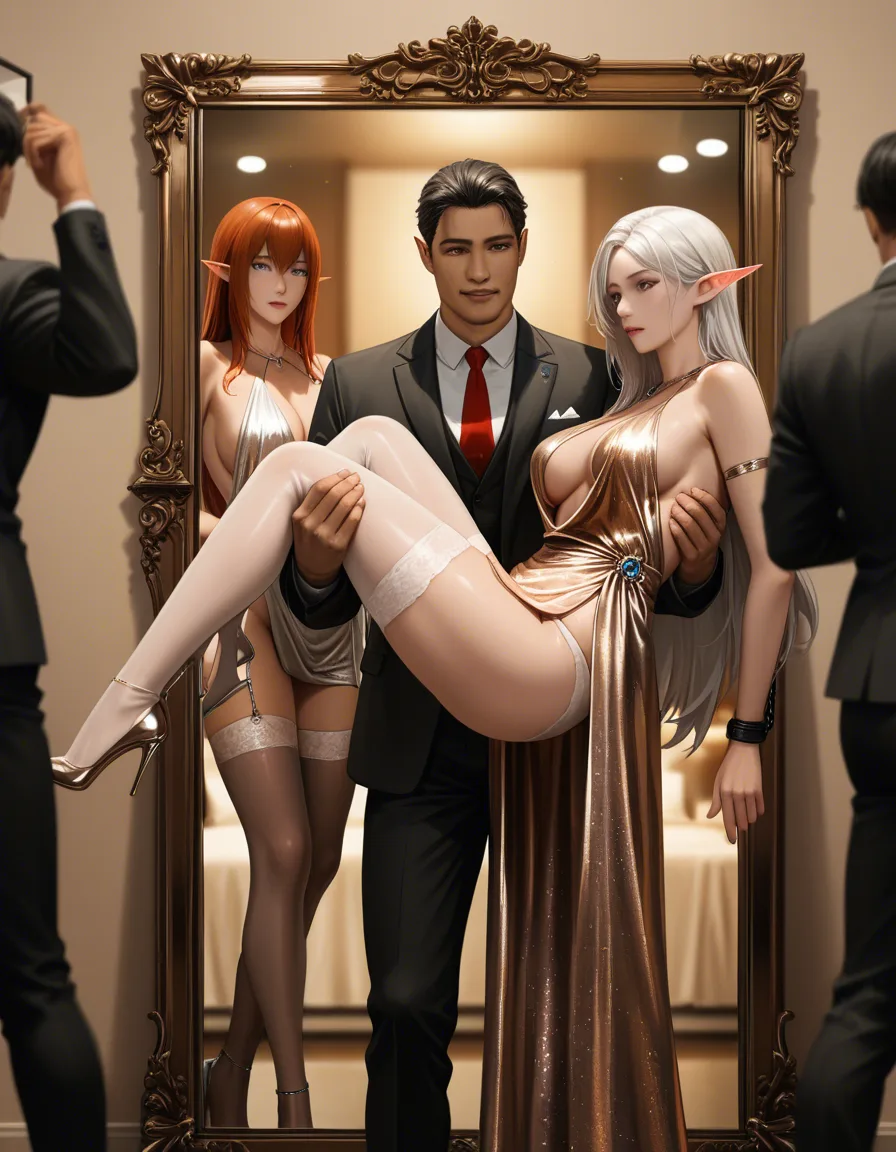 best quality, hyperrealistic, multiple girls, underboob, office wear, on all fours, warm two-tone_dress, ultra HD, lifelike, 2boys, thighhighs, evening gown, mirror, cinematic photo, 8k, fitness model, underwear, princess_carry, @makise_kurisu, hentai_studio_quality, bdsm, score_9, score_8, candid photo, realistic skin texture, visible skin pores, film grain, depth of field, hentai_studio_quality, elf, hentai_studio_quality