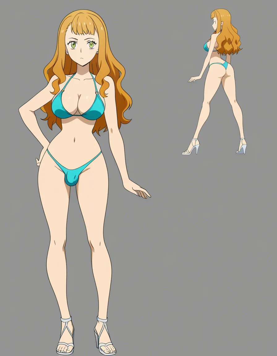 Mimosa Vermillion and Noelle silva kissing while wearing bikinis and high heel sandals, large futanari cocks, full body,, (anime style:1.3), 2d, anime screencap, cel shading, flat color