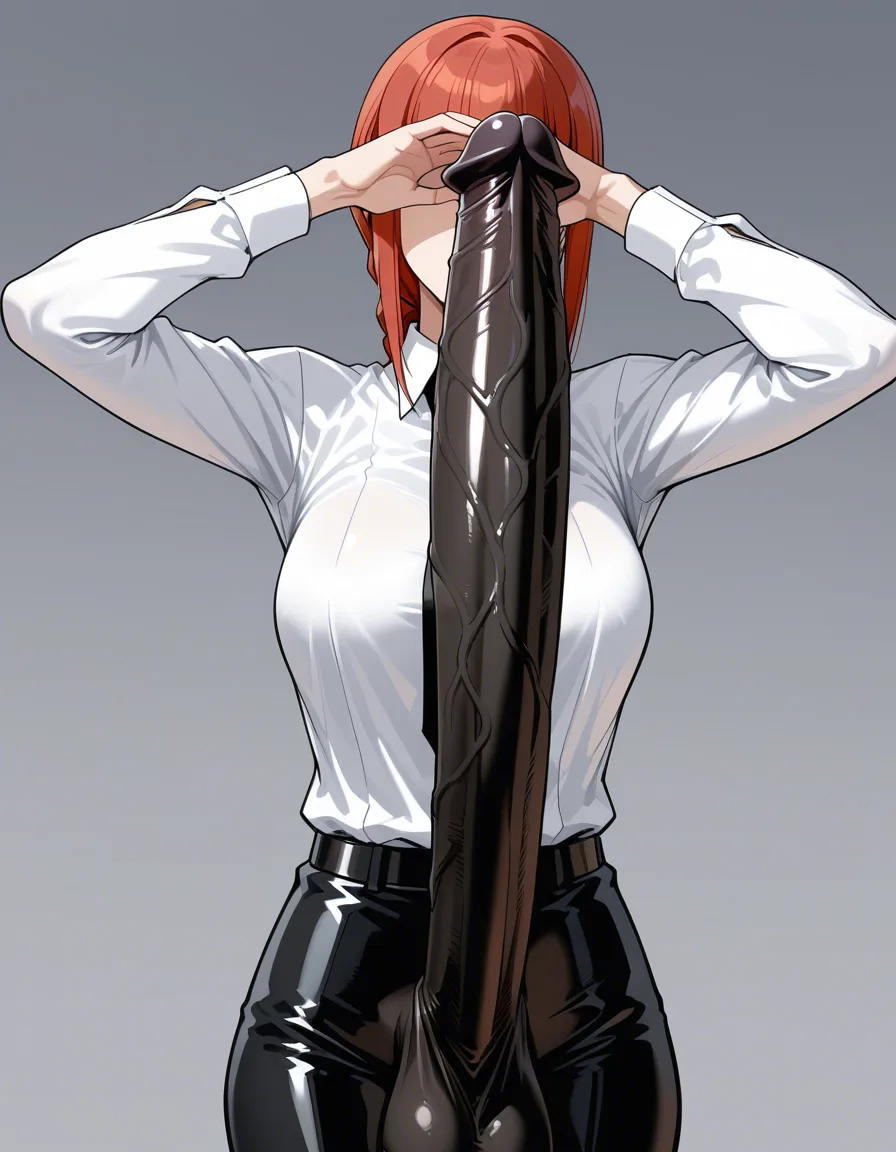 Makima, Big black Cock hanging over her eyes, a NO WHITEBOIS engraved onto her necktie, hentai_studio_quality