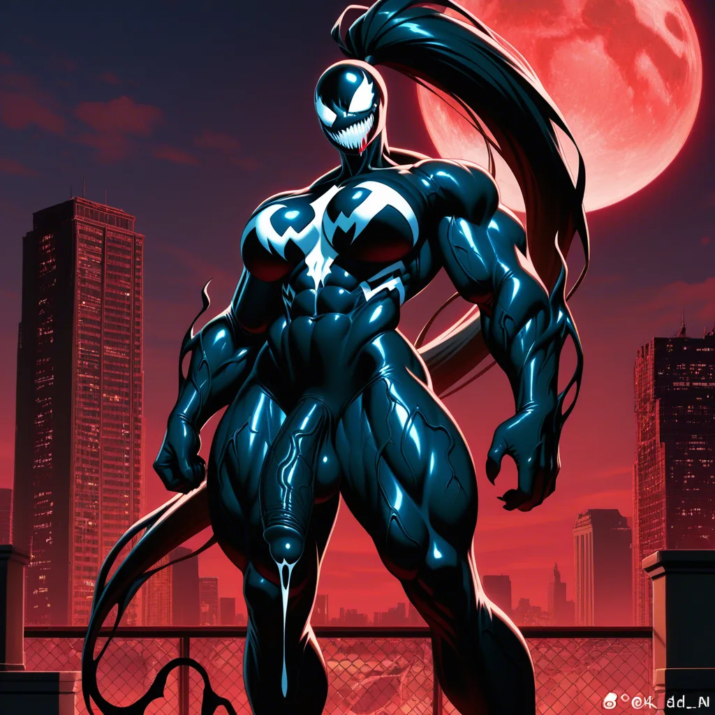 1girl, well-endowed futanari, (She-Venom, very long ponytail, big tall & muscular with hourglass figure, very large breasts, drooling, symbiote high heeled feet, amazon-sized symbiote female), (toned defined abs), (big muscular symbiote female), (big broad shoulders), (big symbiote girl), (big female symbiote with bulk proportions), (big muscle symbiote girl with bulk proportions), (big calves), (big thighs), (big arms), (big biceps), (big veiny symbiote), (big veiny shoulders), (big veiny abs), (big veiny muscular female symbiote), (big veiny symbiote girl), (big veiny calves), (big veiny thighs), (big veiny arms), (big veiny biceps), standing, fully erected veiny penis, red nighttime, red moon, futuristic city rooftop masterpiece digital painting, exquisite lightning and composition, 8k, sharp, very detailed, high resolution, illustration, breathtaking artwork, painterly art style, high quality, anime art, anime-style illustration with perfect clean lines, anime drawing/art, bold linework, cel shaded, anime-style digital illustration, it's an anime-inspired 3D-style anime illustration. Aesthetic high-skill, professional anime illustration, which looks like screencap from an anime series,. It has clean line work and a pleasant, appealing drawn aesthetic style. Overall, it's a world-class illustration with flawless line work, perfect composition, and impeccable detail. It's an anime screencap from a popular anime. Beautiful visual quality, remastered, extremely high quality, very aesthetic, high production value, high-skill masterpiece. The impeccable and beautiful composition and contrast. It's exquisite anime screencap style image. [sharp-line-anime-style]