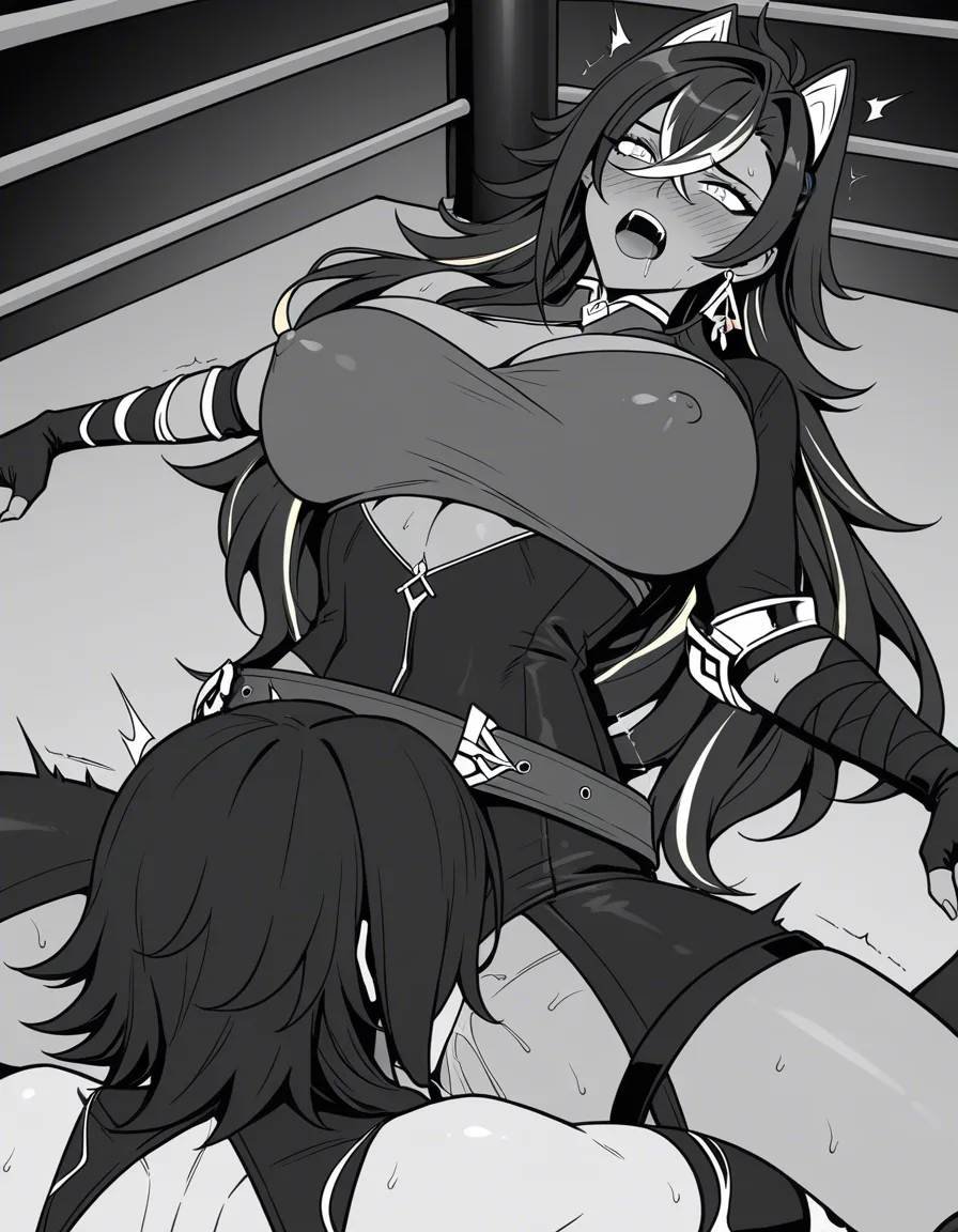 Cinder_fall_(rwby) , @dehya_(genshin_impact) , 2girls yuri sex , wrestling_ring, wrestling orgasm pussy_juice, defeated, squirting ,oral cunnilingus,, hentai_studio_quality, hentai_studio_quality