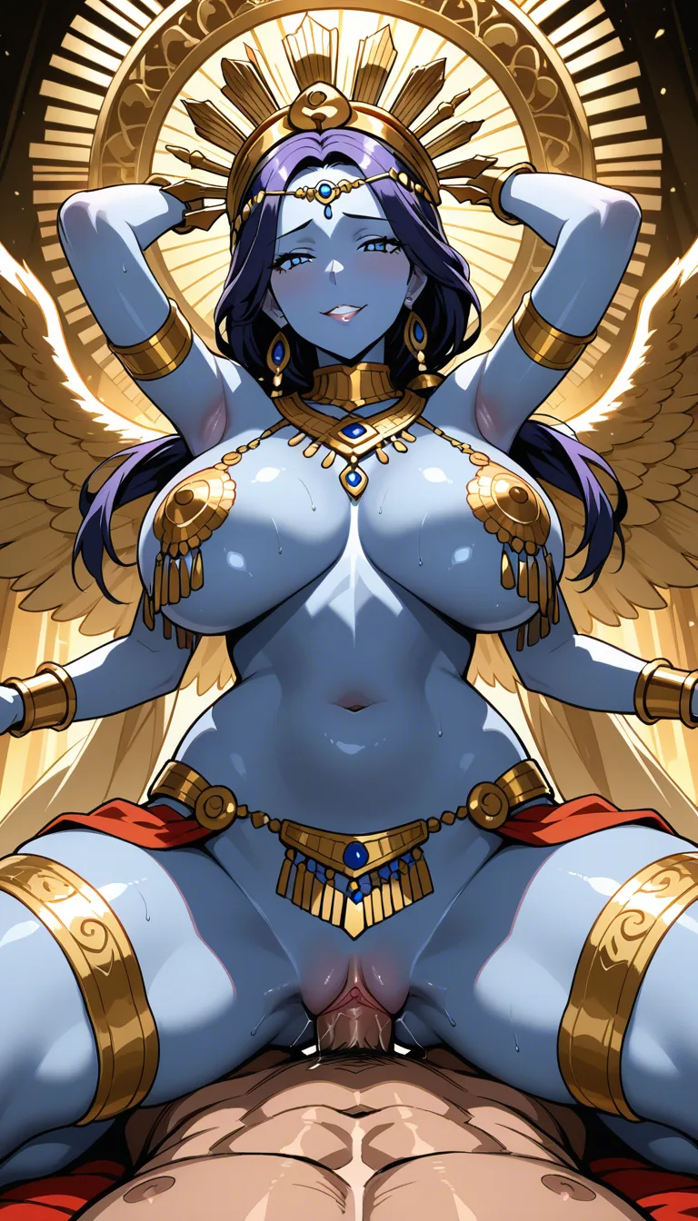Hindu Mother Goddess with multiple arms having sex with viewer, Adorned in Traditional Indian Bridal Attire and Indian Jwellery with goddess crown, straddling pussy sex, colored video