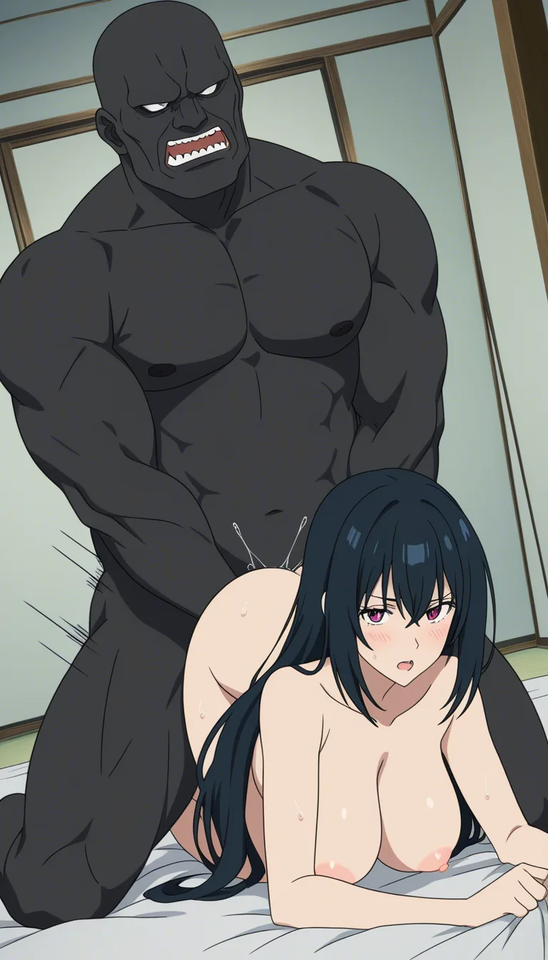 Burqa woman, big breasts, sex with black man /best_quality, (anime style:1.3), 2d, anime screencap, cel shading, flat color, @00osamio00
