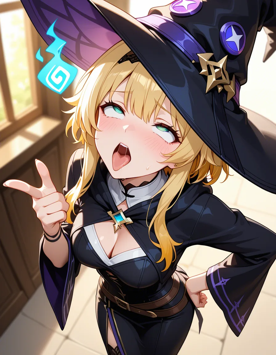 masterpiece, fine detail, witch, ahegao, hand on own hip, hairband, depth of field, soft cel shading, hentai_studio_quality