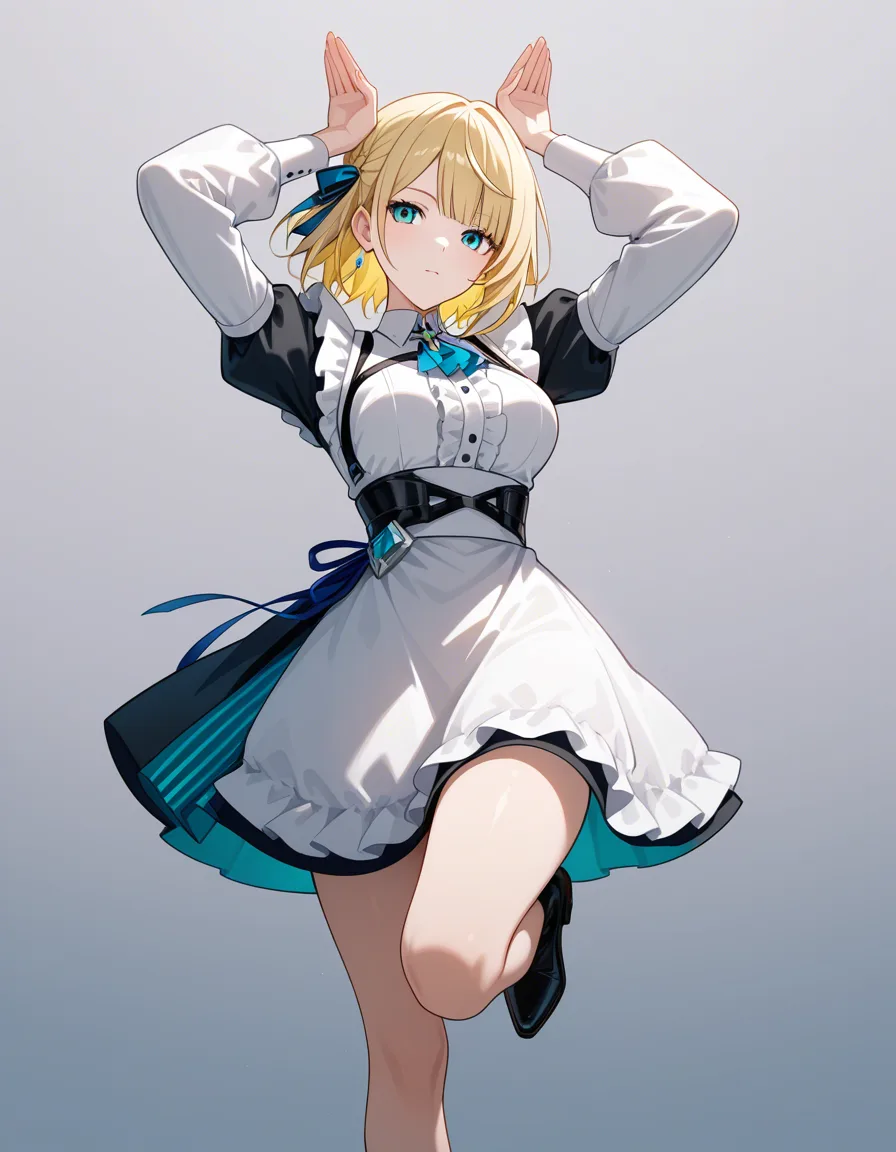 highres, vivid, solo female, arms up, puffy sleeves, leg up, gradient background, tender moment, soft cel shading, hentai_studio_quality