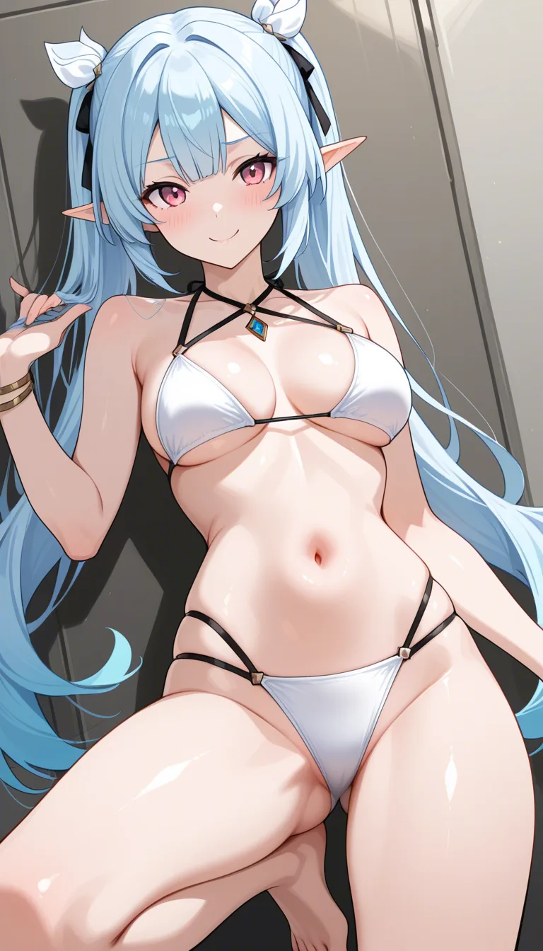 best quality, polished, elf girl, swimsuit, leg up, playful expression, eroge aesthetic, hentai_studio_quality