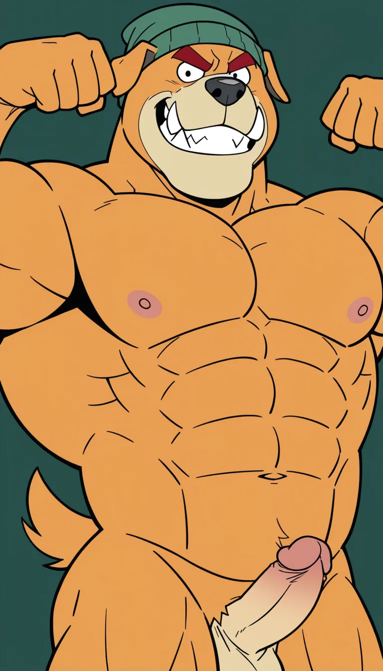 best quality, high quality, amazing quality, male, solo, anthro dog, buff, big and huge muscles, orange body/fur, thick arms, short tail, black eyes, thick red eyebrows, short ears, gray muzzle, black nose, grinning, wide grin, happy, orange belly, orange breast, tusks, angry, green beanie with red "D", bulldog, nipples, navel, naked, penis, flexing