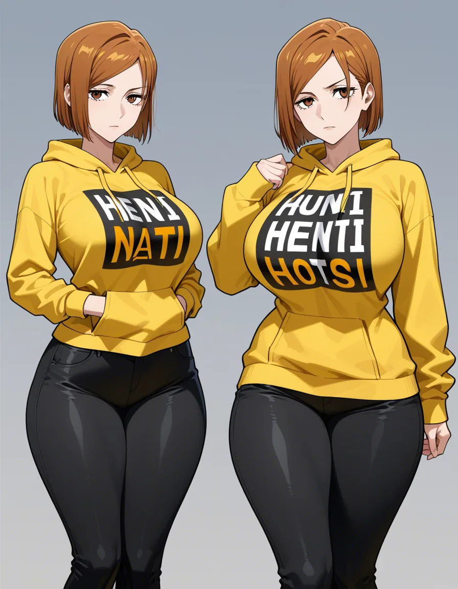 @kugisaki_nobara huge_breasts thick_thighs curvy bob_cut brown_hair yellow_hoodie black_pants full_body looking_at_viewer wide_hips, hentai_studio_quality