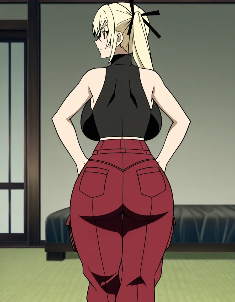 Yuki Tsukumo has a curvy body with huge breast, huge ass and thick thighs. She has long blonde hair that extends well down her back. She has wide brown eyes with thin eyebrows. Yuki wears a black sleeveless turtleneck top with a zipper on the neck and the crest on the zipper’s button. This attire continues with Red baggy cargo pants, which also carries a button with the same crest, with large black vertical lines on the pockets that has black ribbons attached to the pockets. bedroom red_pants undressing her pants, (anime style:1.3), 2d, anime screencap, cel shading, flat color, hentai_studio_quality