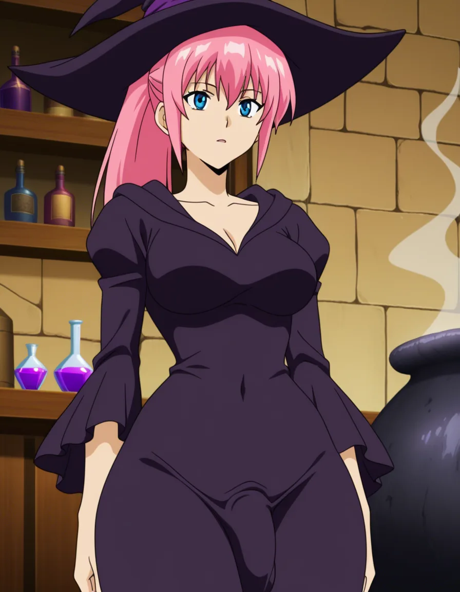 futanari, pink_hair, ponytail, blue_eyes, medium_breasts, wide_hips, witch costume, long_dress, indoors, cauldron, potion shelves, (anime style:1.3), 2d, anime screencap, cel shading, flat color