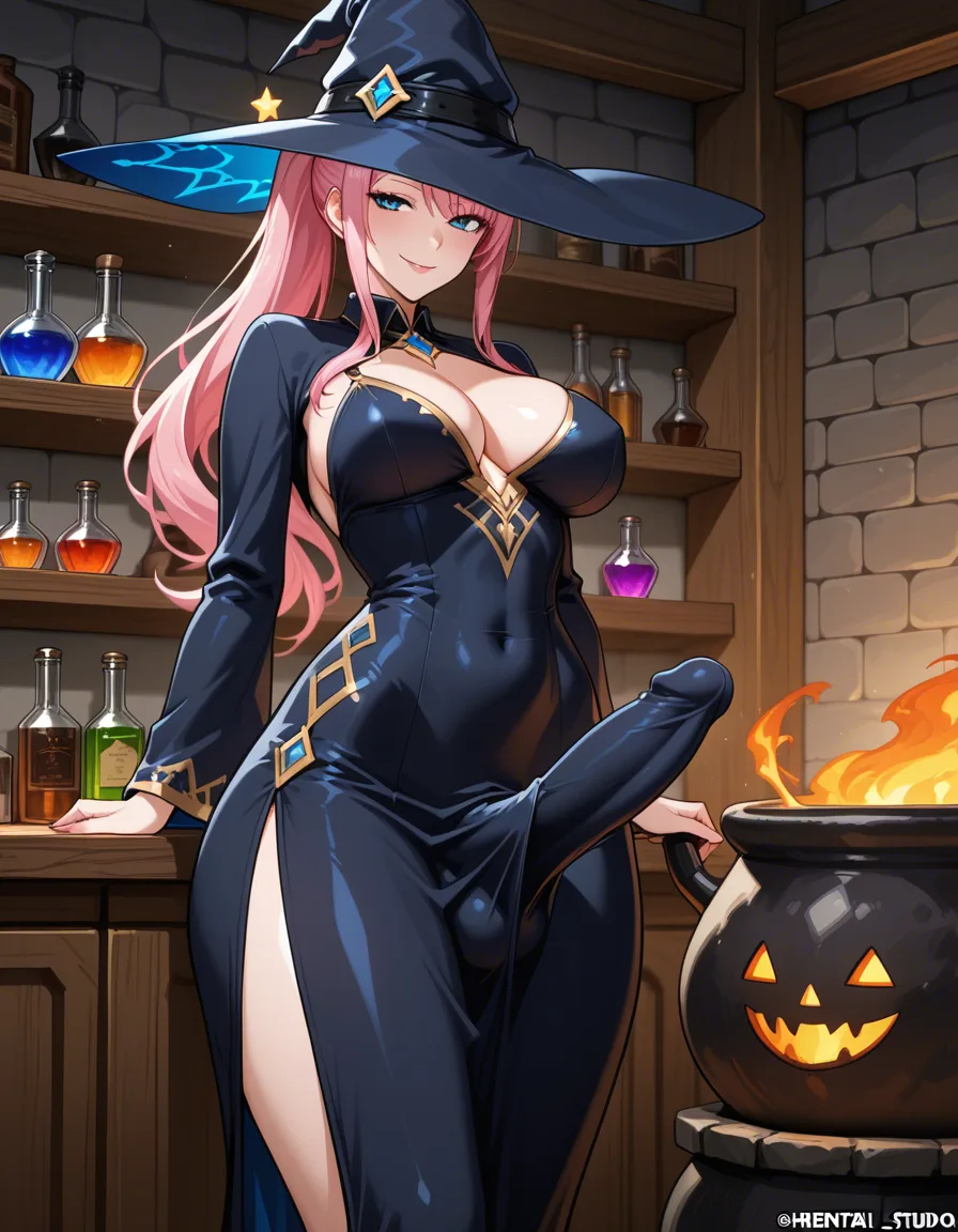 futanari, pink_hair, ponytail, blue_eyes, medium_breasts, wide_hips, witch costume, long_dress, seductive_smile, erection_under_clothes, indoors, cauldron, potion shelves, hentai_studio_quality