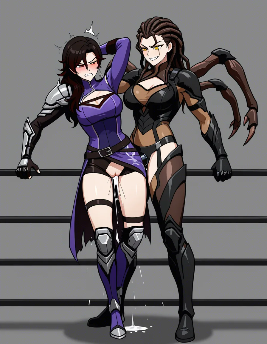 Sarah_kerrigan_(starcraft)_evil_smile, cinder_fall_(rwby) , 2girls yuri sex , wrestling_ring, wrestling orgasm pussy_juice, defeated, squirting , strap-on vaginal_object_insertion ,, angry, standing_sex, lifting_another , legs_wrapped, hentai_studio_quality