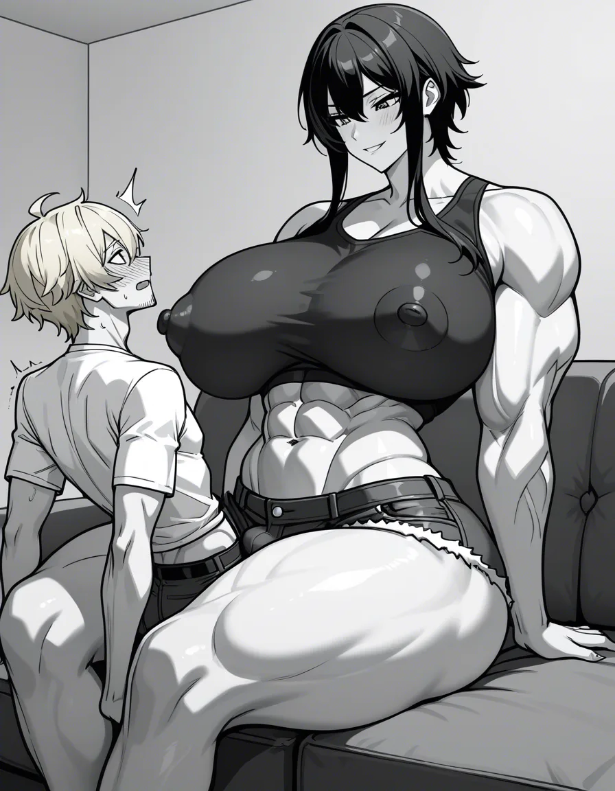 femdom, Giant muscular_female, petite man stubble, adults, big size_difference, huge height_difference, female blonde_hair short_hair_with_long_locks , female sitting on_couch , shirt, female crop_top denim_shorts , assertive_female , dominant female looking_at_another, male legs_up above hips, male sitting_on_lap, intimate, teasing, nervous blush male looking_up , female leaning_back , male sitting_on_lap, male black medium_hair, female abs, female big biceps, female big shoulders, female thick_thighs, female huge_ass, female wide_hips, huge_breasts, gigantic tall female, bulging nipples, male sitting_on_lap , male cowgirl_position, male bulge, male narrow_waist, lightweight male, domination, eye_contact, hentai_studio_quality