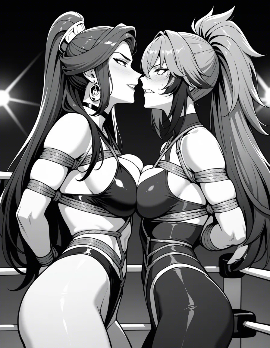 2girls , shibari , Best_quality, ultra_detailed, @zentreya_(vtuber) , @urbosa , yuri sex ,wrestling_ring breast_press eye_contact wrestling , mean_expression,, hentai_studio_quality, hentai_studio_quality