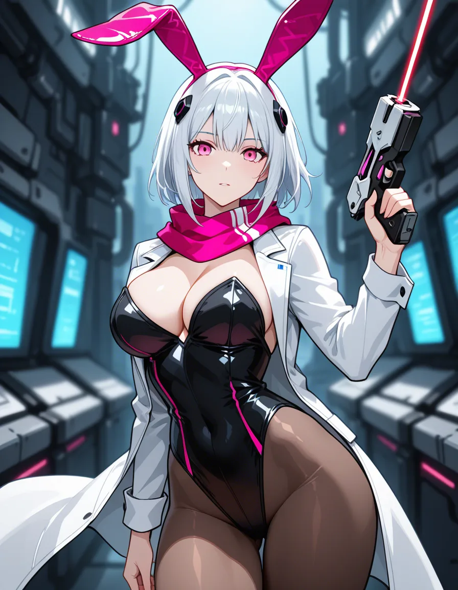 solo, female, scientist, scarf, glass_of_wine, white_hair, blurry_background, hip_focus, pink eyes, adventure, science_fiction, laser_pistol, #playboy_bunny, hentai_studio_quality