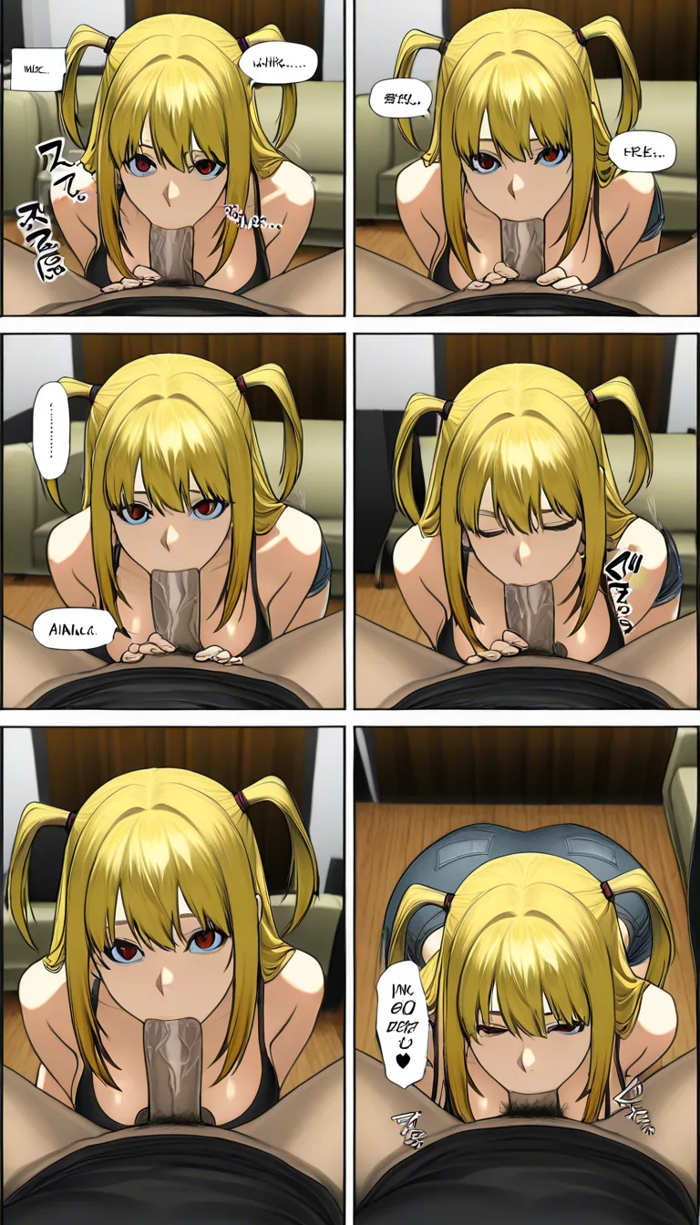 Masterpiece, best quality, ultra-detailed, fine texture details, rich colors, sharp focus, Death Note, Yagami Light, Amane Misa, manga page, comic page, multi-panel layout, professional composition, Amane Misa performing fellatio on Yagami Light’s penis while he sits on a sofa in his living room; she is kneeling on the floor in front of him, meticulously sucking his penis; he smiles with satisfaction and ejaculates into her mouth; he wears an expression of intense pleasure; she swallows the semen, her throat bobbing as she does so; dynamic composition, Japanese sound effects, Japanese speech bubbles., hentai_studio_quality