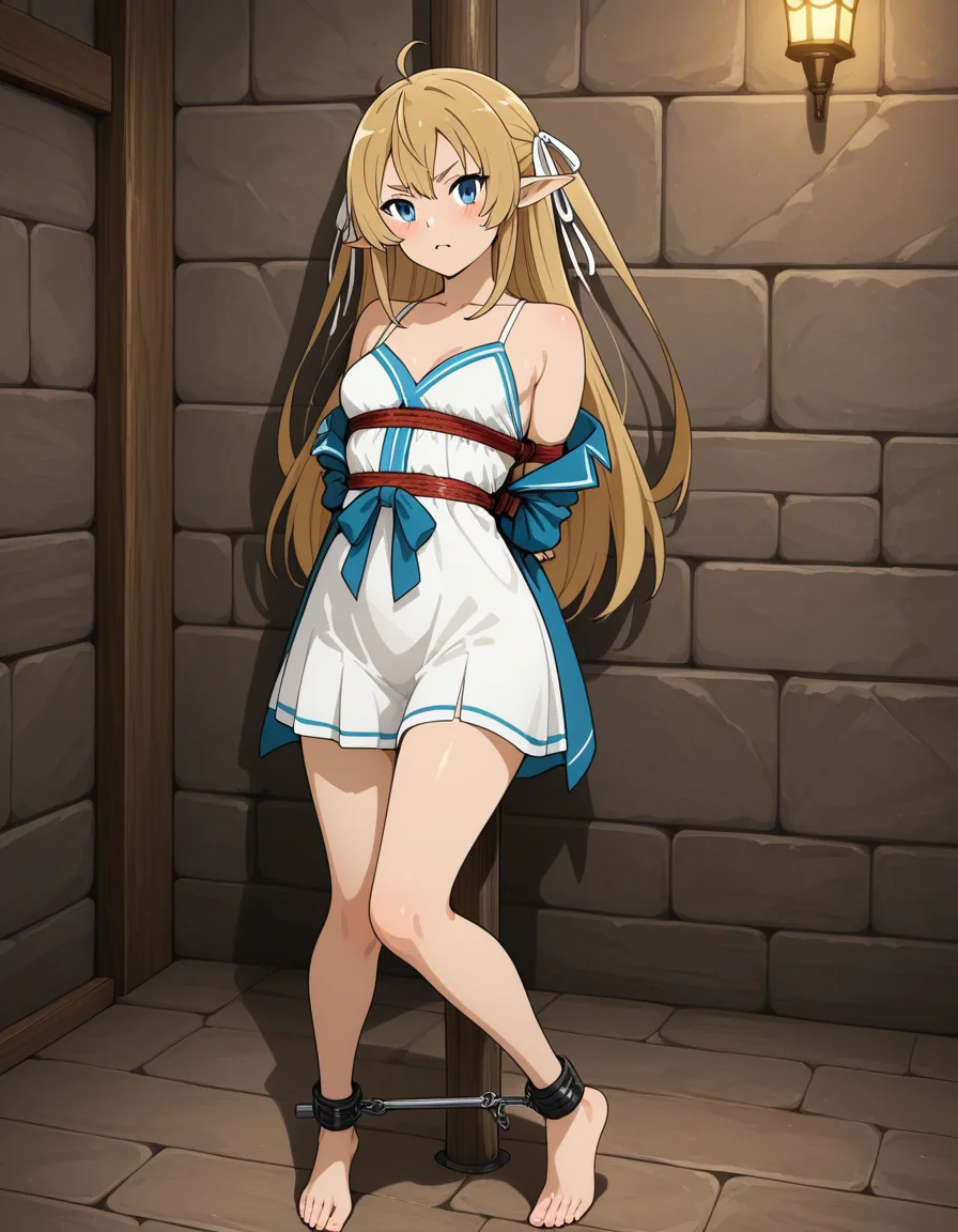 best quality, polished, solo, open clothes, bondage, full body, hentai style of sylphy at mushoku tensei, hentai_studio_quality