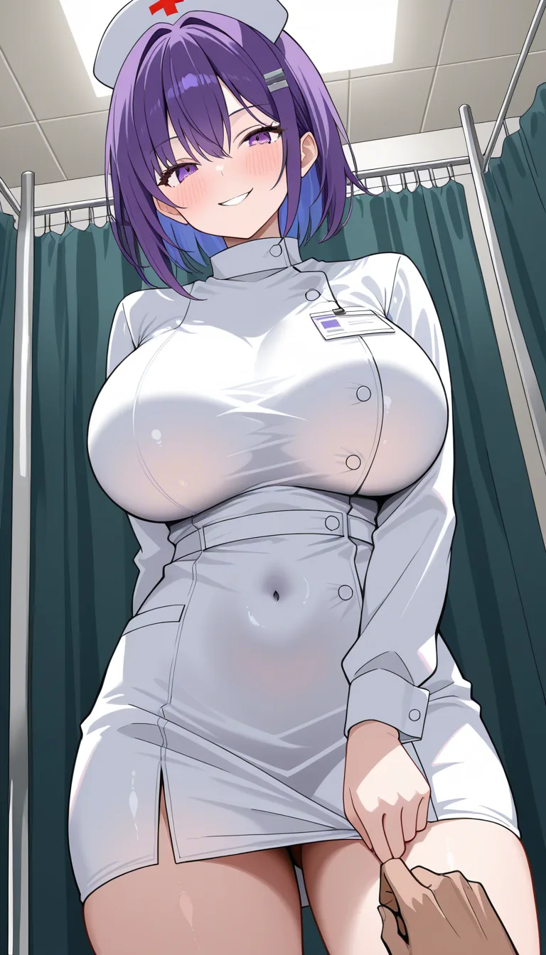 sharp focus, 8k uhd, nurse, huge breasts, long sleeves, getting her clothes ripped off, putting there dick in every hole while she has a evil_smile