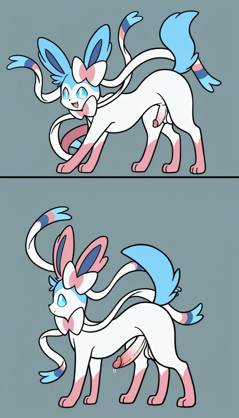 shiny sylveon futa, cyan-blue body, pink and hot pink ribbons, blue eyes, on all fours, animalistic, futa, erect penis, balls, wet pussy, detailed anatomy, soft fur, side view, smooth motion, highly detailed, best quality