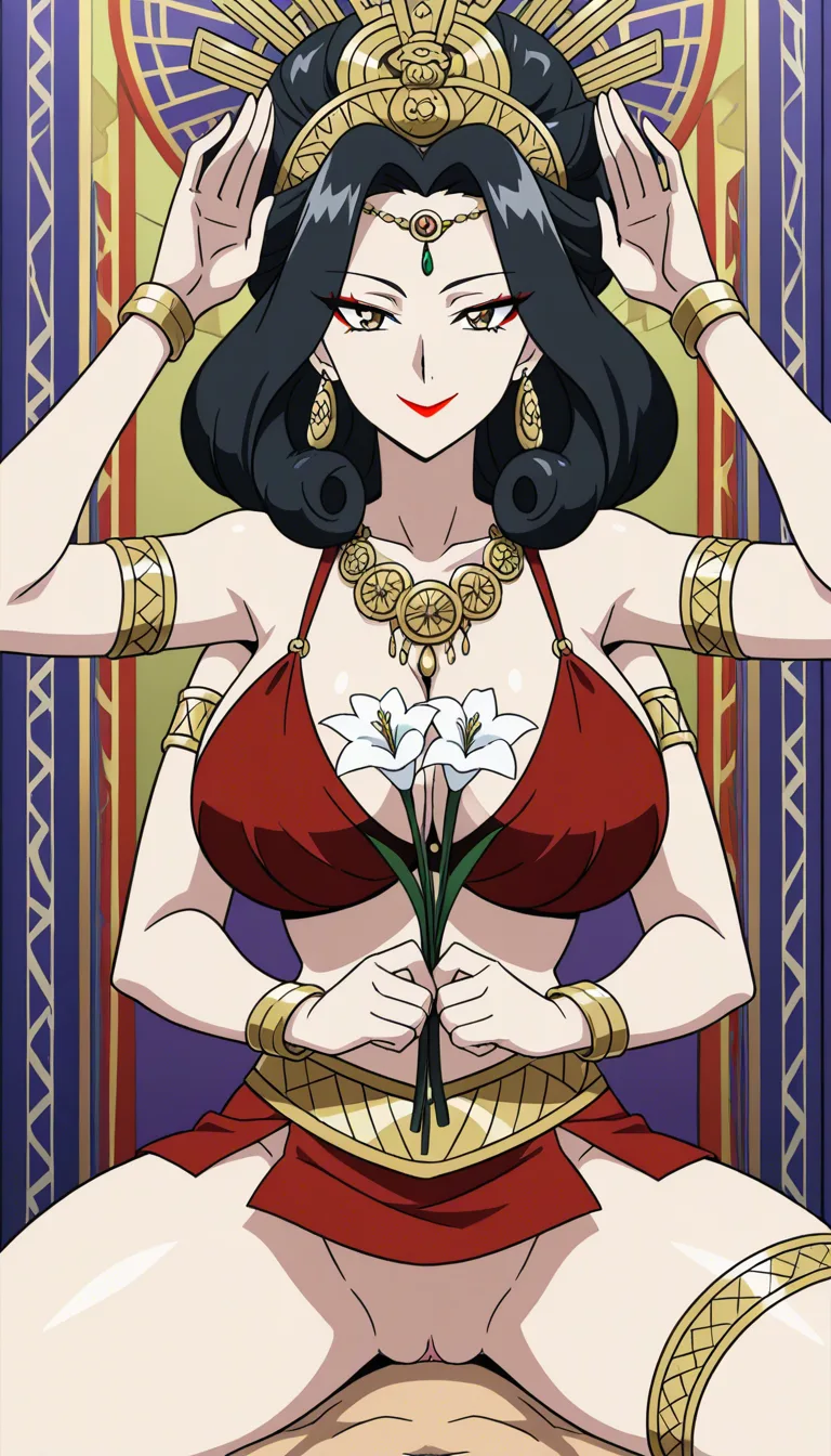 1 Adult Mother Goddess with multiple arms, ethnicity Hindu, Bengali, Indian, red lipstick, symmetrical body anatomy, Big chest, Thick thighs and arms, thick pelvis, Bra with intricate patterns and baggy mini skirt with curls and frills and front slit, upskirt , no_panties , pussy, Adorned Heavily in Indian Ornaments, black almond shaped eyes with fine long eyelashes, eyeliner , saree over head, long black_hair with midpart hairstyle, POV Sex, front profile, cowgirl_position riding , Having sex with viewer, big Mukut Crown, devine radiance, Calm and Graceful Expression, confident smile with hooded eyes, flowers around in Symmetrical order, holding flowers, floral necklace, armlets, bracelets, thighlets, art made of geometrical shapes, style with flat 2d colors,