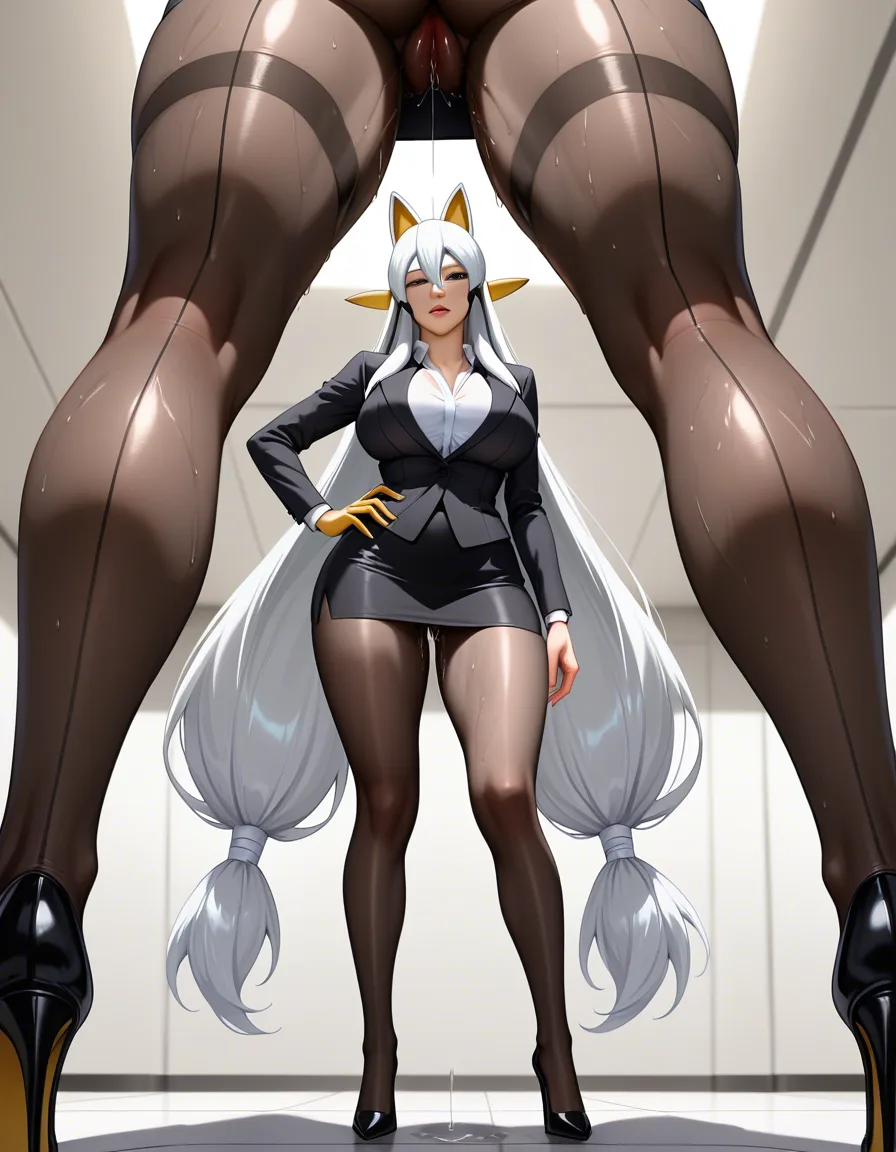 best quality, explicit detamasterpiece, clean art, best_quality, sakuyamon, thick_thighs, large_breasts, long_legs, very_long_hair, white_hair, twintails, hentai_studio_quality, skin_tight, high_heels, office_lady, miniskirt, pussy_juice, cameltoe, femdom, defined_legs, hentai_studio_quality, realistic, femdom, from_below, wet_pussy, age_difference, size_difference, humilliation, black_pantyhose, yuri, 2girls, younger_sub, hentai_studio_quality