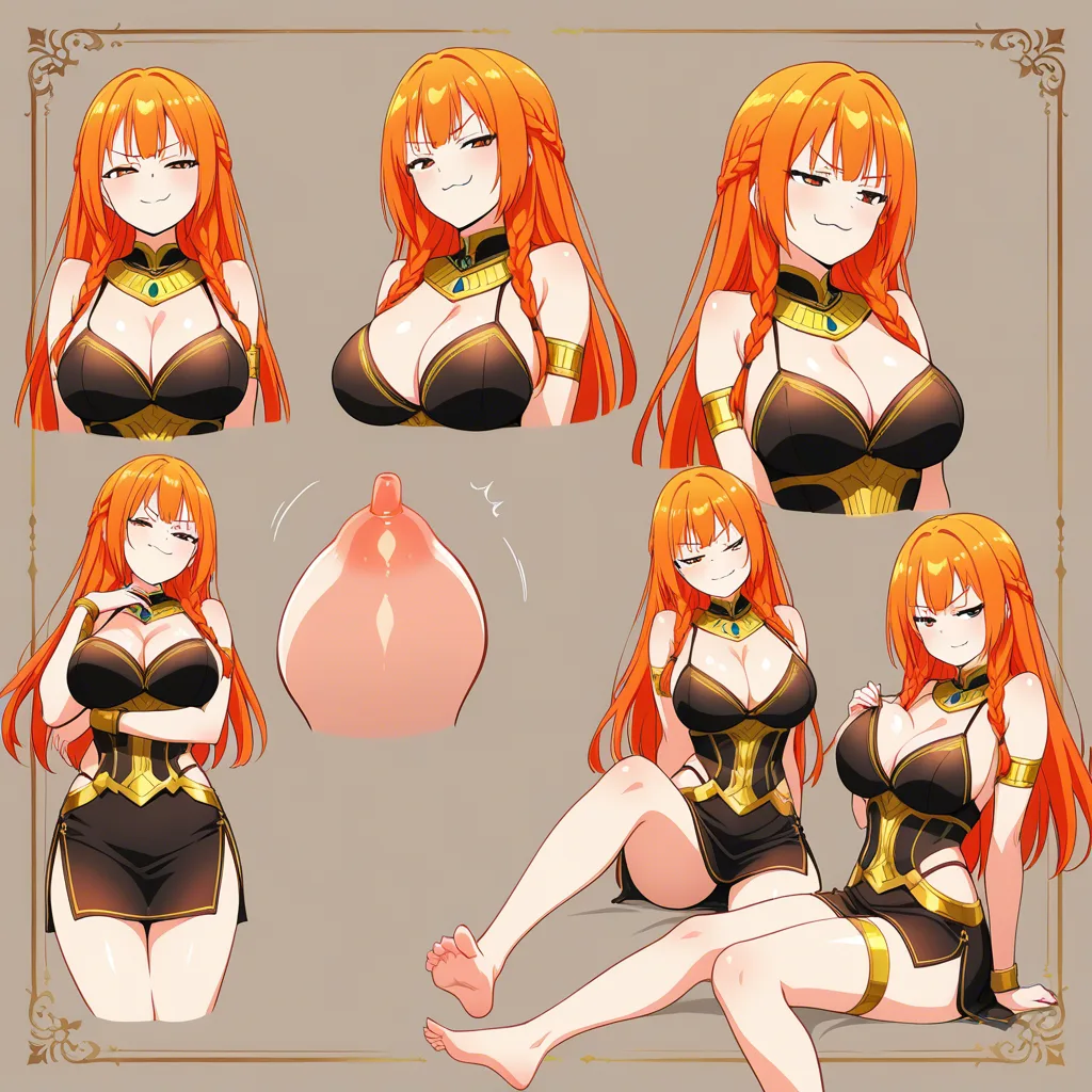 detailed_pixiv_artstyle; vibrant_and_colorful, fantasy_ancient_rome_setting, royal_room; 

giant_lactating_human_female_princess, (smug:1.5), overconfident, angry, eye_contact, expressive, orange_hair, short_twin_braids, barefoot_and_feetsoles; 

bouncing_breasts, extremely_enthusiastic; silent_comic, multiple_views;