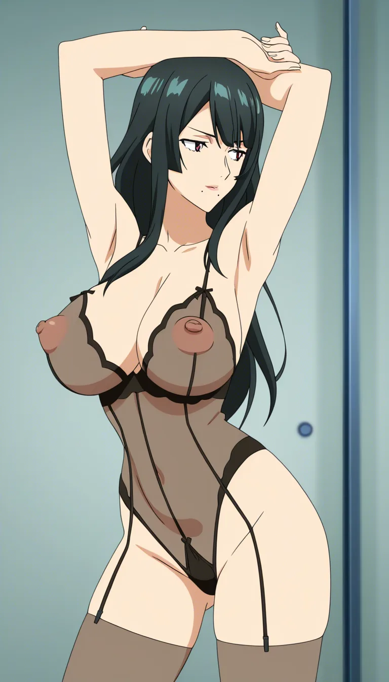 masterpiece, best quality, 1girl, presenting, mature_female, arms_up, mole_under_mouth, (anime style:1.3), 2d, anime screencap, cel shading, black_hair, lingerie, see-through_clothes, long_hair, hentai_studio_quality, armpit_crease, large_breasts, puffy_nipples hentai_studio_quality, (anime style:1.3), 2d, anime screencap, cel shading, flat color, @00osamio00, hentai_studio_quality, score_9, score_8, 3d render, octane render, subsurface scattering, ray tracing, smooth shading