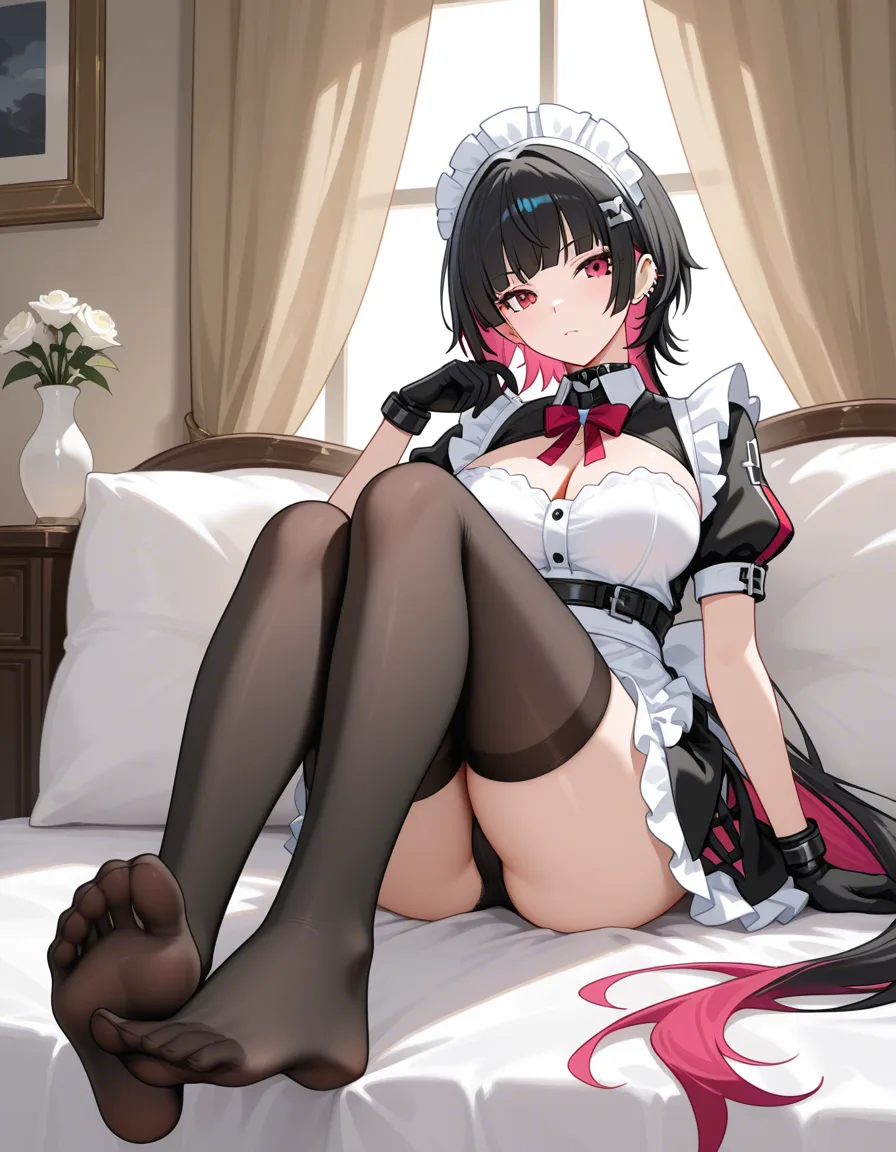 @ellen_joe #feet #black_thighhighs #gloves #skirt #maid #sitting_on_lap /highres, hentai_studio_quality