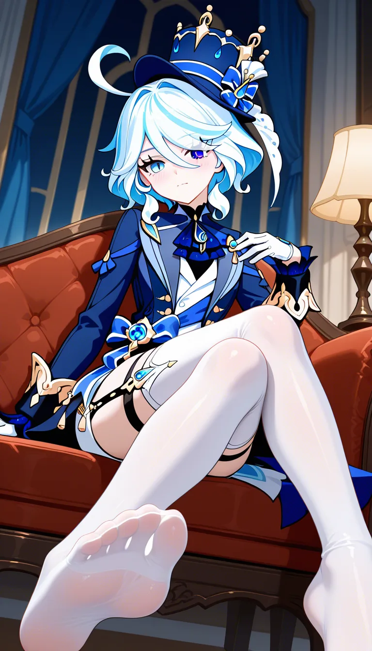 @furina_(genshin_impact) #white_gloves #white_thighhighs #feet feet directed to viewer #sitting, hentai_studio_quality
