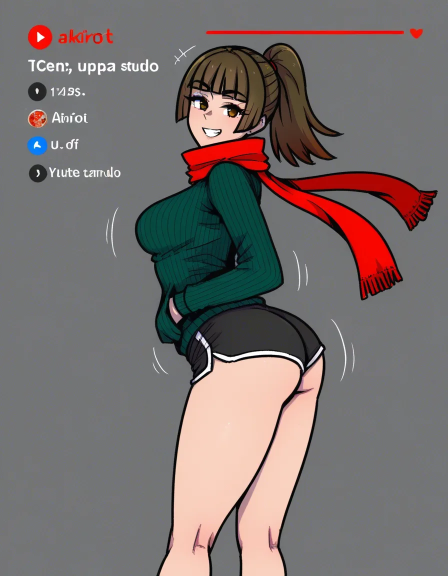 #akairiot_artstyle, @lofi_girl_(youtube), 1girl, solo, aged_up, dark-brown_hair, ponytail, blunt_bangs, medium_breasts, grin, ass, dark-green_sweater, red_scarf, dolphin_shorts, black_shorts, standing, full_body, looking_back, from_behind, hentai_studio_quality