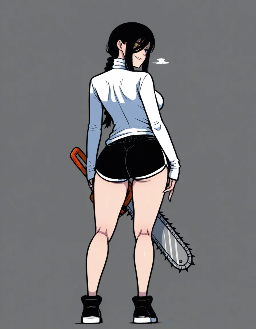 /masterpiece, /ultra_detailed, #akairiot_artstyle, @nayuta_(chainsaw_man), 1girl, solo, aged_up, black_hair, braided_ponytail, sidelocks, hair_over_shoulder, hair_over_one_eye, yellow_eyes, ringed_eyes, naughty_face, medium_breasts, white_turtleneck_sweater, dolphin_shorts, black_shorts, ass, standing, full_body, looking_back, from_behind, hentai_studio_quality